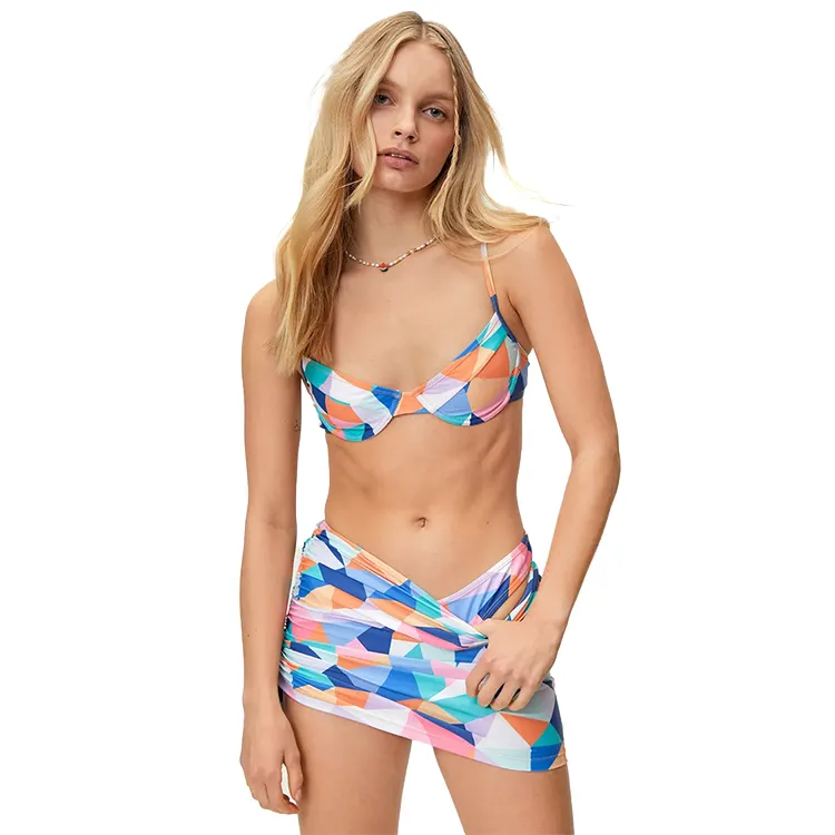 Nuovo marchio riciclato geometrico 3pc Sexy giovane caldo coreano Teen Girl Bikini con Coverup di corrispondenza