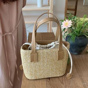 Straw Woven <b>Mini</b> Tote <b>Bag</b> Drawstring Closure Soft Weaving Summer Women's Handbag Casual Everyday Use Apricot Brown <b>Black</b> - Product Image 4