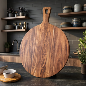 Planche à découper ronde en bois d'acacia avec poignée, design à grain de bois naturel, durable, passe au lave-vaisselle, pour une utilisation en cuisine - Product Image 4