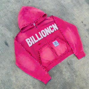 สตรีทแวร์อัจฉริยะสำหรับฤดูร้อนมีซิปผ้าเฟรนช์เทอร์รี่ฟอกสีกรดพลอยเทียมผ้าปะติดลายแสงแดดจางมีซิปสำหรับผู้ชาย - Product Image 3