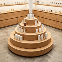 Étagère murale LED en bois clair pour présentoir cosmétique, comptoir îlot à niveaux ronds, bureau de réception incurvé pour salon de beauté