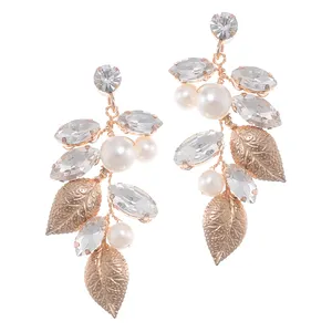 Shiny Crystal Bridal Earrings Handmade Bride Alloy Leaf Earring