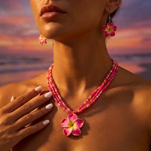 Conjunto <span class=keywords><strong>de</strong></span> Joyería con Cuentas <span class=keywords><strong>de</strong></span> Flor <span class=keywords><strong>de</strong></span> <span class=keywords><strong>Plumeria</strong></span> Tropical, Collar <span class=keywords><strong>de</strong></span> Varias Capas con Cuentas <span class=keywords><strong>de</strong></span> <span class=keywords><strong>Semillas</strong></span> y Pendientes Colgantes para Mujer, para la Playa en Verano - Product Image 2