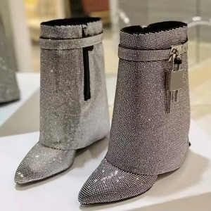 Bottes courtes à talon compensé pour femmes, style créateur, avec strass brillants et fermoir métallique Shark, bottes hautes au genou - Product Image 1
