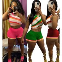 Ensemble de 2 pièces en gros, été, couleur contrastée, t-shirt à manches courtes et pantalon large, ensembles courts pour femmes