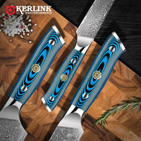 Ensemble de couteaux de chef en acier damassé japonais ambré Nouvelle arrivée avec manche bleu G10 pour la cuisine et la cuisine Modèle Nakiri
