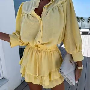 Nouvelle Collection Automne : Ensemble en Lin de Haute Qualité pour Femme – Chemise à Manches Longues et Jupe Courte Plissée Taille Haute - Product Image 3