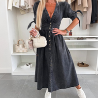 Damen V-Ausschnitt Midikleid mit hoher Taille, Knopfleiste vorne, Denim A-Linien-Rock mit Schlitz, lässig für den Alltag, Kaffeefarben, figurschmeichelnd, bequem