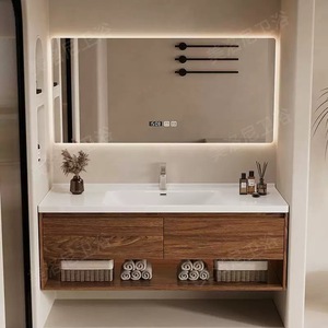 <b>Black</b> walnut wood simple Chinese seamless ceramic integrated basin multifunctional mirror storage bathroom cabinet - Product Image 6