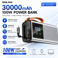 Batterie externe haute capacité 30000mAh 100W, charge rapide, chargeur portable avec câble rétractable pour ordinateur portable, smartphone, montre connectée, OEM