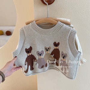Dear Lin Girls Autumn Knitted Vest Set With Bear Pattern Cotton Wool Blend Outfit For Toddlers - Product Image 3