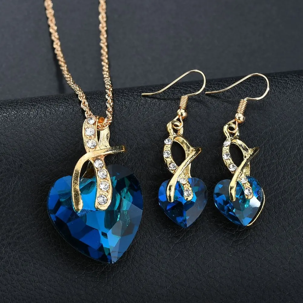 Crystal Glass Earrings Necklace Jewelry Set Dinner Heart型Austria Woman 18K Gold Plated、ローズGold Plated 18 Inches Alloy