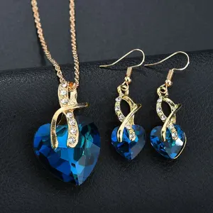 Boucles d'oreilles en verre cristal collier ensemble de bijoux dîner en forme de coeur autriche femme plaqué or 18 carats, plaqué or rose 18 pouces alliage