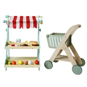 Kids Pretend Play Shopping Wooden Grocery Store Toy Shopping Cart