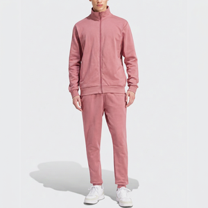Men Pink Full <b>Zip</b> <b>Hooded</b> Tracksuit Solid Color Stand Collar Casual Spring Wear with Side Pockets Regular Fit Polyester - Product Image 1