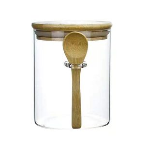 Kín Đồ Dùng Nhà Bếp Borosilicate Vuông Và Vòng Hình Dạng Nắp Tre Thủy Tinh Lưu Trữ Chai <span class=keywords><strong>Jar</strong></span> Với Muỗng Và Vòng Silicon - Product Image 2