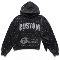 Sweat à capuche unisexe personnalisé de haute qualité avec strass, coupe classique, streetwear d'hiver, broderie de patch, poche avant zippée, imprimé flamme, en jersey