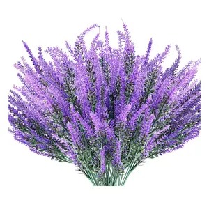 Bunga lavender buatan, buket simulasi plastik dalam ruangan tanaman hijau Semak palsu tahan UV luar ruangan