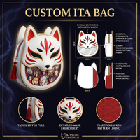 Sac à dos Ita Bag en cuir PU, forme masque Kitsune japonais personnalisé, avec broderie rouge, pompon, tirette de fermeture éclair et porte-épingles esthétique