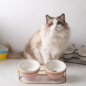 Ceramic <b>Cat</b> Bowl Double Elevated <b>Feeder</b> With Neck Support For Pets - Product Image 1