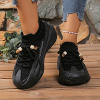 Chaussures décontractées pour femmes, baskets en tricot noir, lacets, perles décoratives, plateforme épaisse, respirantes, chaussures de marche pour femmes