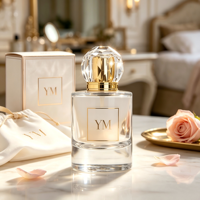 Flacon de parfum cylindrique en verre mat transparent de luxe 50 ml avec base épaisse, pulvérisateur à sertir 15 mm, capuchon en cristal taillé en diamant pour crème visage