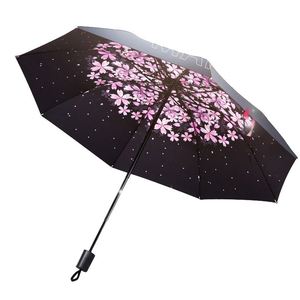Parapluie portable manuel 8K à 3 plis, motif floral, anti-UV, coupe-vent, protection solaire et pluie, revêtement noir, personnalisable, en stock usine, économique pour les entreprises - Product Image 1