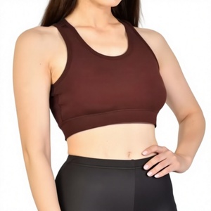 Soutien-gorge de sport pour femme à maintien moyen, marron uni, col rond, débardeur respirant à séchage rapide pour la gym et le yoga - Product Image 1