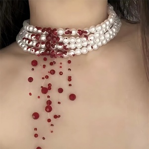 Collier ras du cou gothique en perles, créatif, avec pendentif goutte de sang et pompon, pour femme, cadeau de fête, bijou fantaisie - Product Image 1