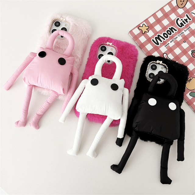For iphone 7 8 X XS XR 11 12 13 14 15 Pro Max Warm Fluffy Plush Fur Robot Cute Girls Phone Case