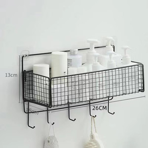 Étagère murale de rangement pour salle de bain Shi Lifan en fer grillagé à 2 niveaux avec crochets, sans perçage, organisateur pour lavabo et meuble sous-vasque - Product Image 2