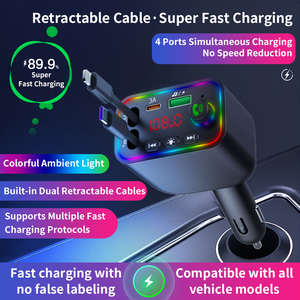 Adaptateur de charge rapide pour voiture, émetteur FM, chargeur de voiture rétractable, appel mains libres, récepteur audio, émetteur radio, lecteur MP3 - Product Image 1