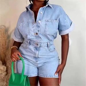 ZHEZHE femmes été nouveau Street Wear Sexy jean body <span class=keywords><strong>combishort</strong></span> dames Sexy à manches courtes une pièce élégant Denim combinaison - Product Image 1