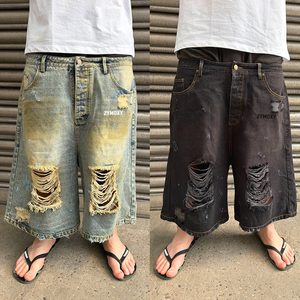 Pantalones Cortos de Mezclilla Personalizados Estilo Streetwear, Capris Largos, Shorts 3/4, Jeans Holgados, Moda Vintage, Lavado Desgastado, Efecto Descolorido por el Sol, para Hombre - Product Image 2