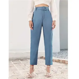 Custom Women High-Rise Belted Tailored Pants Vintage Zipper Fly Pockets Office Wear Female Ankle trousers