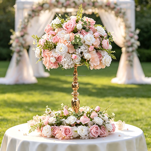 Handmade Pink and White Rose <b>Artificial</b> <b>Flower</b> Ball Wreath <b>Flower</b> Loop for Wedding Decoration <b>Flower</b> Ball Table Centerpieces - Product Image 1