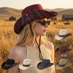 <span class=keywords><strong>Sombrero</strong></span> de Vaquero Étnico Occidental para <span class=keywords><strong>Mujer</strong></span> con Logotipo Personalizado al por Mayor, <span class=keywords><strong>Sombrero</strong></span> de Sol Bohemio de Ala Ancha, Estilo Tribal Vintage, Fedora para Fiesta en la Playa - Product Image 1