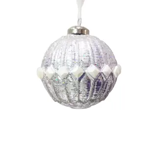 2022 Unique Special Christmas Glass Ornament Ball Transparent Silver Glitter Glass Bauble Sphere With white Bead