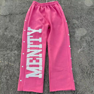 Custom 100% Cotton <b>Sticker</b> Embroidery Pants Leg Side Adjustable Button Raw Hem Drawstring Baggy Sweatpants - Product Image 3