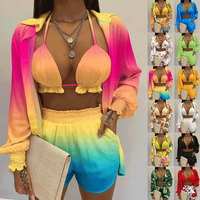 Trendy Çiçek Baskılı 3 Parçalı Set Kadın Yazlık Plaj Tatil Kıyafeti Seksi Halter Crop Top Şort Toptan Giyim Gönderime Hazır