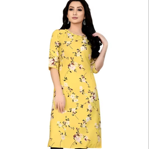 Crêpe jaune imprimé ethnique soie Kurti pour femmes lourd à manches courtes Style indien pour décontracté élégant fête Festive Occasions Salwar - Product Image 1