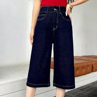 Jean décontracté taille haute bleu foncé pour femme grande taille, coupe large, longueur mollet, délavé, écologique, respirant et résistant à la décoloration