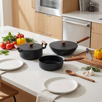 Ensemble de casseroles en fonte avec poignée en bois, 3 pièces, poêle antiadhésive avec couvercle en verre, compatible induction