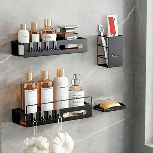 Lot de 2 étagères de <span class=keywords><strong>douche</strong></span> adhésives noires <span class=keywords><strong>à</strong></span> 8 crochets, organisateur de salle de bain sans perçage, en acier, pour salle de bain et cuisine - Product Image 1