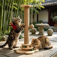 Penggaruk Kucing Vertikal Multifungsi - Terbuat dari Tali Rami Tahan Aus, Dilengkapi dengan Mainan Putar dan Tongkat Penggoda Acak