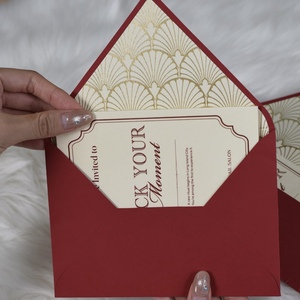 Red Envelope Wedding Invitation <b>Card</b> with Gold Foil Pattern Embossed Finish Cardboard & Kraft Paper Greeting <b>Card</b> - Product Image 1