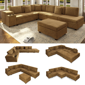 Modern L-Shaped Sectional <b>Sofa</b> Set Removable Ottoman Convertible Sleeper Hidden Armrest <b>Storage</b> USB Charging Cup Holders - Product Image 5