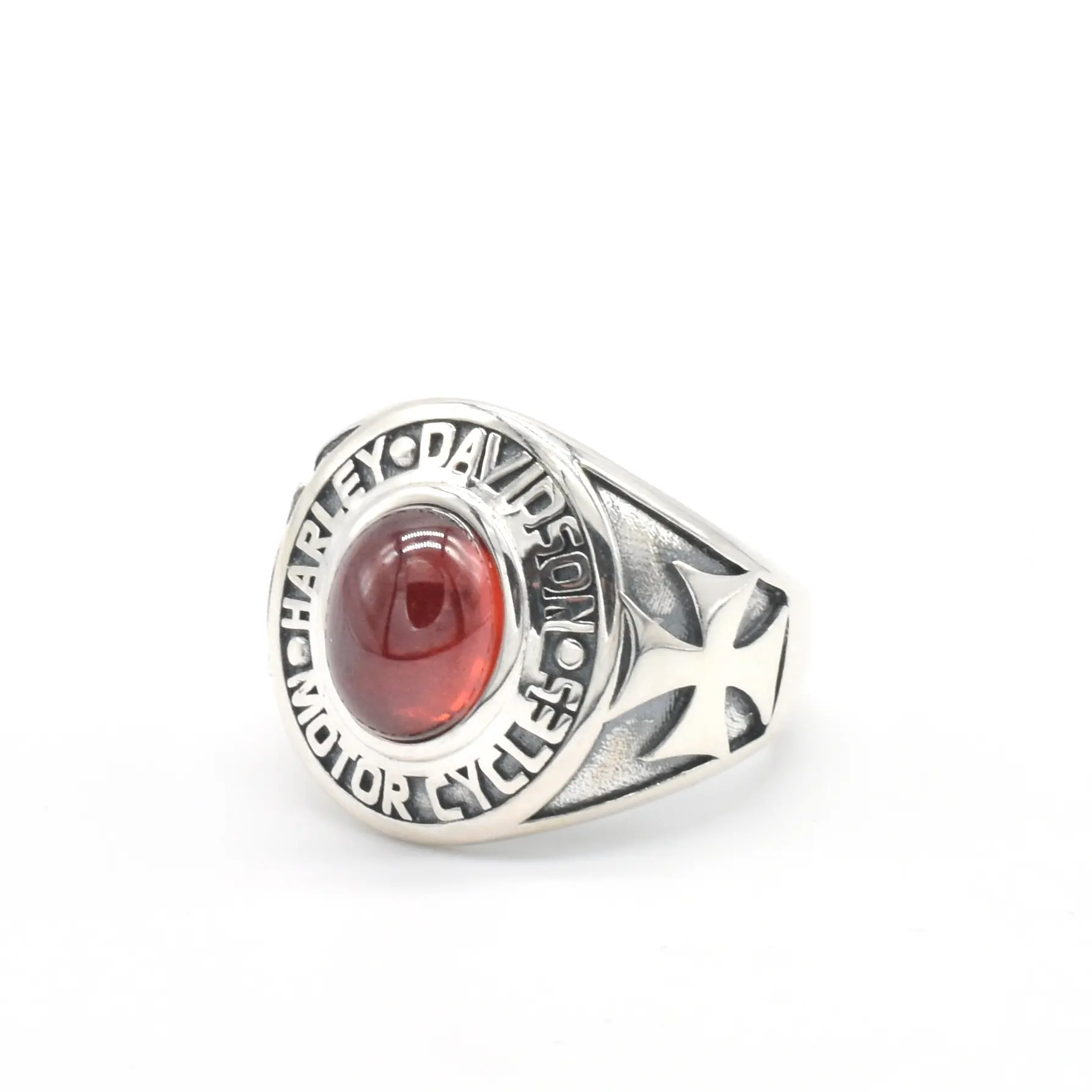 Vintage Real 925 Sterling Silver Garnet Ring with Hand Carved Crusader Flowers Pattern Rings