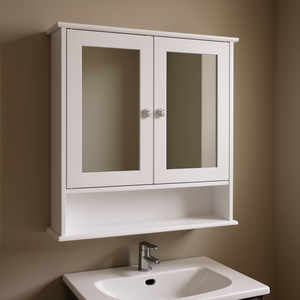 Gabinete de Baño con Espejo de Doble Puerta, Espejo Rectangular de Vidrio sin Marco con Marco Blanco, Diseño Contemporáneo - Product Image 2