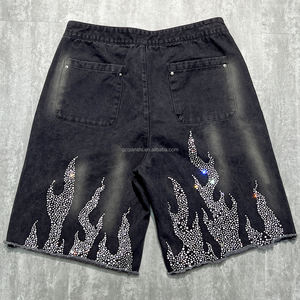 Shorts Amples en Coton Qianshi Style Rétro Décontracté Délavé à l'Acide, Shorts d'Été en Molleton Français pour Homme avec Strass Streetwear - Product Image 2